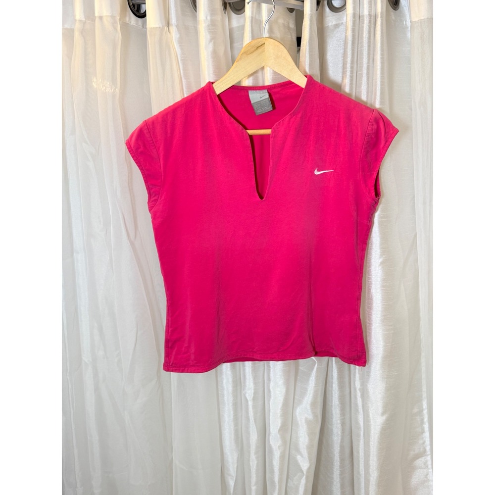 Nike V-Neck Cap Sleeve Top Womens Large Pink Embroidered Swoosh Athletic Tee